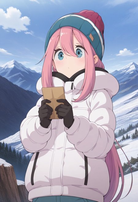 masterpiece,best quality,amazing quality,kagamihara nadeshiko, pink hair, long hair, blue eyes, 1girl, solo, gloves, outdoors, hat, sky, black gloves, mountain, beanie, day, holding, hair between eyes, blue sky, cloud