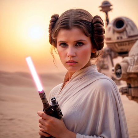 Star Wars prises Leia, (delicate face, beautiful eyes, natural, eye contact) with the young Anakin Skywalker holding his light sabre, by her side, (Han Solo, holding his laser gun) with the millennium falcon in the background on the planet Tatooine, shallow depth of field, vignette, highly detailed, high budget Hollywood film, bokeh, cinemascope, moody, epic, gorgeous, film grain, Canon EOS R,Canon RF 85mm F1.2L USM, ISO 100