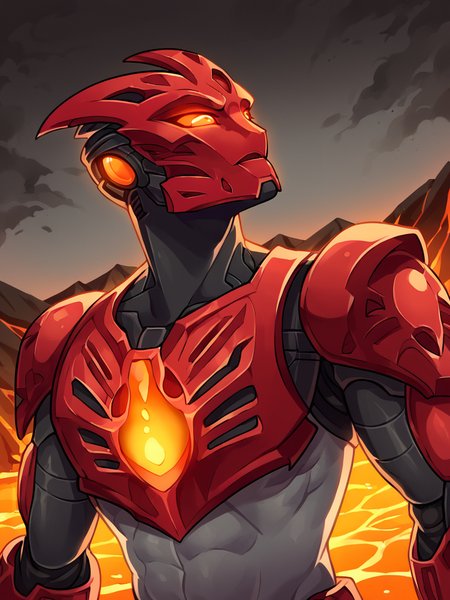 Score_9, score_8_up, score_7_up, score_6_up, volcano cave backdrop, lava,  upper body, dutch angle, Bionicle, 1boy, solo, red armor, red shoulder pads, gray skin, robot, glowing orange eyes, glowing core, red mask, flame,  tribal motiffs , armored, Toa Tahu, <lora:BionicleXL:1>
