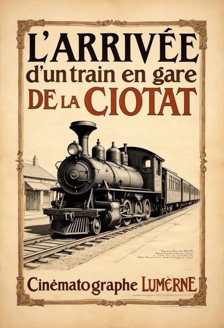 Vintage movie poster. on parchment illustration of an old train captioned with large bold retro Serif font lettering "L’Arrivée d’un train en gare de la Ciotat". Smaller Italic style writing "Cinématographe Lumière"