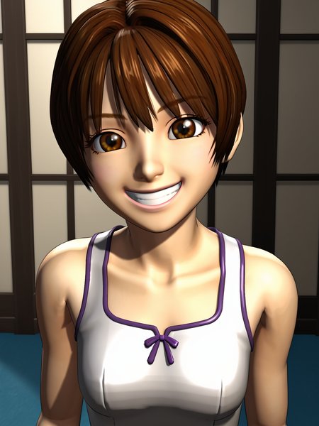 3d, yukiterai, brown hair, brown eyes, 1girl, score 8 up, score 9 up,  <lora:YukiTerai:0.9>, white dress, big smile