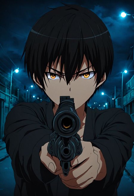 high resolution, solo, best quality, 1Boy, Kanie Seiya, Black Hair, portrait, midnight, dim street lights, mysterious, threatening, gun, aiming the gun to the viewer, OverallDetail