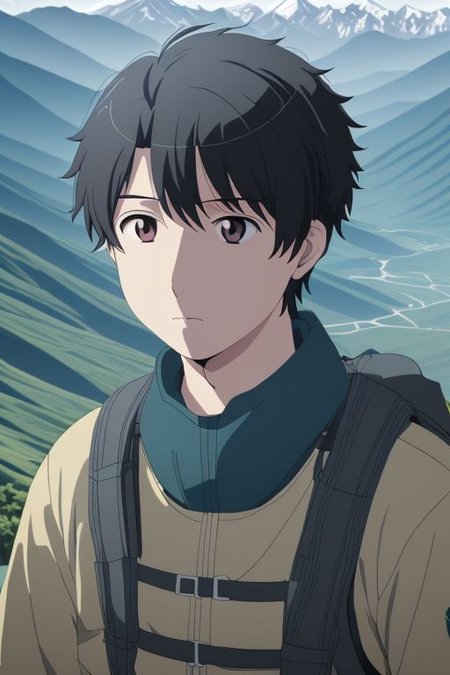 high resolution, solo, best quality, 1Boy, Inaho Kaizuka, Black Hair, landscape, looking away, high mountain, hiking gear, shallow depth of field, OverallDetail