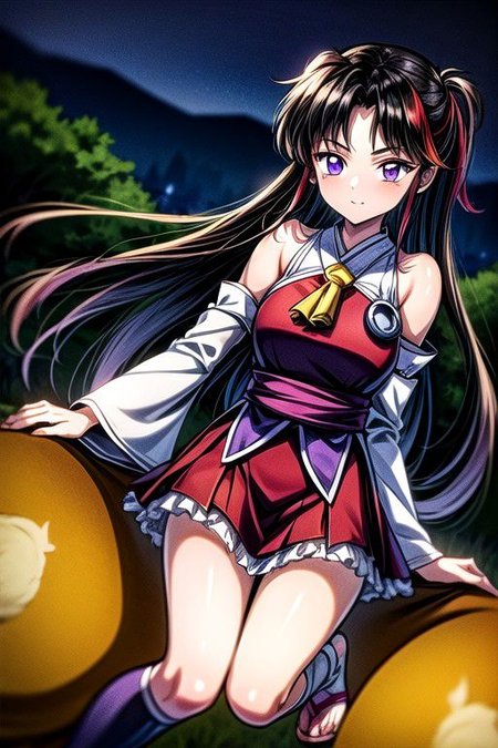 masterpiece,  best quality 1girl Setsun4 solo long hair,  (night time) forest background black hair very long hair purple eyes multicolored hair armor (fur trim) (medium body),<lora:EMS-179-EMS:0.800000>,<lora:EMS-293862-EMS:0.800000>ascot, bare shoulders, black footwear, detached sleeves, embellished costume, frills, japanese clothes, nontraditional miko, red skirt, sandals, sarashi, skirt, socks, white sleeves, white socks, wide sleeves, yellow ascot, zouri, armor, miko