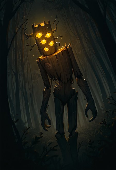 masterpiece, best quality, amazing quality, very aesthetic, absurdres, newest, cinematic, movie scene, foreground blur, volumetric lighting, 
creaking, no humans, standing, monster, glowing eyes, yellow eyes, solo, 3 eyes, yellow sclera, wooden body,
in forest, lurking behind trees, dark forest, dynamic angle, looking at viewer, head tilt,