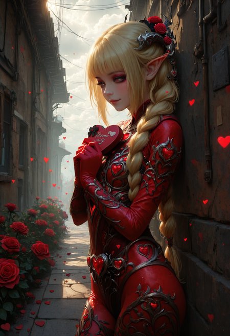 SFW,HDR, 8K, high contrast, high resolution, ultra-detailed,masterpiece, best quality, amazing quality, very aesthetic, absurdres, (scenery, volumetric lighting), newest, depth of field,cowboy shot,solo, orin the red, baldur's gate, 1girl, eyeshadow, black eyeshadow, blonde hair, low-braided long hair, low-tied long hair, very long hair, hair ornament,,alien linguist, wearing a translator device communicating with diverse species to foster understanding and cooperation showing patience and open-mindedness,eyeliner,love hearts,valentine,heart-shaped chocolate,happy,roses,dappled_sunlight, cloudy_sky,alley,envy,bear_position  ,masterpiece, best quality, amazing quality, very aesthetic, absurdres, (scenery, volumetric lighting), newest,depth of field , <lora:ValentineNatureStyle:1> ValentineNatureStyle, <lora:748cmSDXL:0.7> 748cmstyle, <lora:haiz_ai_illu:0.3> haiz_ai, no lineart,no outline,   <lora:ç»ªå¿ åæ¶æå¾åå½±è´¨æå¢å¼ºV3:0.5> XUER guangying, <lora:ral-vltne:0.8> ral-vltne,