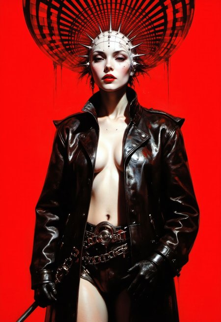 This hyper-realistic portrait features a striking figure against a vibrant red background, with a surreal optical illusion created by black and white lines above the intense color. The subject wears an oversized black leather coat with exaggerated shoulders, cinched with a wide belt adorned with chains and buckles, reflecting a glossy leather texture. Black leather gloves add to the commanding look, highlighted by sharp light reflections. A dramatic white mask with a grid pattern, adorned with sharp spikes, contrasts with the subject's pale skin and dark red lips, adding a gothic allure. The figure clasps a long, thin object, like a whip or riding crop, enhancing the provocative atmosphere. Above the subject, the red background shifts into a complex network of black and white lines arranged in geometric patterns, forming a surreal optical illusion. The lines twist and converge, creating a disorienting effect that contrasts with the subject's imposing presence. This interplay between the stark lines and the figure’s details draws the viewer’s eye, creating depth and motion. The artist’s technique combines Gustav Klimt’s highly detailed portraiture with surrealist abstraction, using dramatic shading, texture, and geometric composition to amplify the tension and boldness of the scene, making it a striking masterpiece.