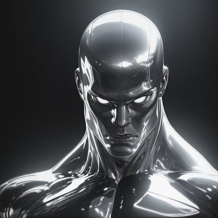 <lora:SILVER_SURFER:1.5> silver_surfer, solo, looking at viewer, 1boy, closed mouth, upper body, monochrome, male focus, blurry, shiny skin, muscular, blurry background, colored skin, depth of field, glowing, black background, portrait, veins, realistic, bald, white eyes, manly, black skin, greyscale, alien, motion blur, film grain, abstract, natural lighting, fantasy, cinematic, dynamic view, tilted angle, very awa, masterpiece, best quality, absurdres, newest, perfect quality, detailed background, intricate details,  (artist:fl \(l-fl\):0.7), (artist:tooboshoo:0.7), (artist:dizdoodz:0.8)