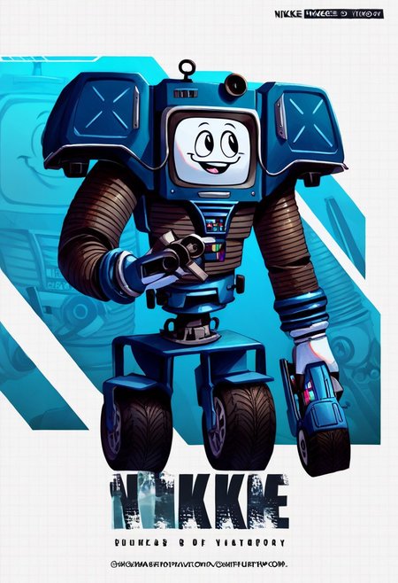 score_9, score_8_up, score_7_up, source_cartoon, solo, Yes man, robot, single wheel robot, blue robot, radio antenna, smile, portrait, full body, zoom layer, white gloves, looking to side, standing, IncrsNikkeProfile, holding weapon, holding gun
