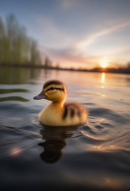 ultra-low angle shot from close to the ground, hdr photography, realistic, a duckling on a dreamy lake, spring sunset  <lora:Creat0r_MagicDetailzV2_FIX:0.5>