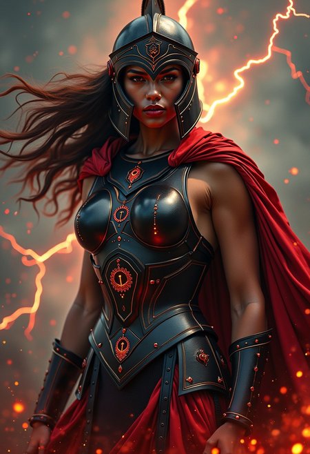 A powerful waist-up portrait of a divine warrior woman—Athena or Diana reimagined as a modern goddess of war—exuding a fierce, ethereal presence. She wears a sleek, minimalistic chestplate of burnished obsidian and deep crimson, designed to evoke both lethal elegance and divine femininity. The armor curves tightly around her form, partially open at the sides to reveal sculpted skin beneath, and etched with glowing sigils of dragons, crescent moons, and celestial runes in crimson-gold. Her full-face Corinthian helmet, reinterpreted in blackened steel and ruby inlays, is tilted back just enough to expose her striking visage: olive-toned skin, bold red lips, and dark, smoky eyes that burn with mythic intensity. Thick strands of midnight and ember-gold hair whip in a phantom wind, brushing the edges of her flowing crimson cape. The background swirls with abstract shadows and flickers of red lightning, like divine wrath painted across a stormlit sky. Sparks and floating embers glow around her in suspended motion. Captured in hyper-real detail with movie-poster gloss, high-contrast lighting, and subtle lens flares, she radiates unstoppable divine fury and dark allure