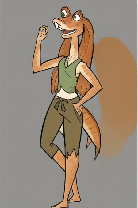 jar jar binks, dancing, vest, rainbow background, 1boy, solo, jar jar binks, pants, flat color,  <lora:jarJarBinksGunganStar_v3:0.6>  <lora:totalDramaCharacters_v20:0.7>