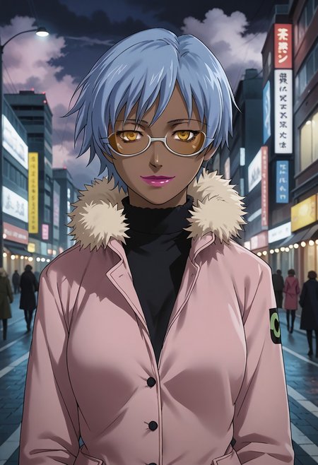 source_anime, D4RK3RTH4NBL4CK, DTB_Style, (XXX Rating), ((score_9)),score_8_up,score_7_up,score_6_up,score_5_up,score_4_up, retro_artstyle, anime style, 1woman, (dark-skinned_female:1.5), solo, solo focus, (april_(darker_than_black):1.3), (short hair), (blue hair), yellow eyes, sunglasses, pink lips, large breasts, (pink coat, winter_coat, fur_trim), Blush, Full-Faced Blush, (long_sleeves), (smile), red face, steam, looking at viewer, facing viewer, masterpiece, best quality, highres, best illumination, depth of field, Artist style:komori_takahiro, public indecency, urban, cloudy, night, cityscape background,  outdoors,