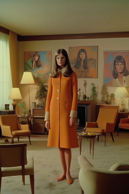 <lora:Director Lars von Trier style:1>Director Lars von Trier style - Movie frame, filma large living room of an appartament at the year of 1969, with a table in the middle, some oil paintings spread over the walls with a white 27 years old girl, brown hair, dressed in a typical middle 60's costume stand at the center of the place, 50mm lens, eye level shot, 1970's movie style colors, summer afternoon,