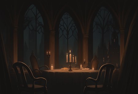 very awa, masterpiece, best quality, hightres, absurdres, pixelPaint, indoors, no humans,  luxury, gothic architecture, table, chair, candle, candelight, ambient, window,  <lora:PixelPaintStylez-IL:1>