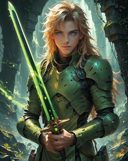 score_9, score_8_up, score_7_up, intricate details, rating_questionable, fantasy setting,
<lora:homri52:1>,
<lora:Plasma_Sword:1>,
1boy(human, young man, pale skin, long hair, blond hair, blue eyes, swedish, science fiction knight, holding a plasma sword, glowing green Plasma Sword, crackling green energy around the sword, solo, cowboy shot), alien battlefield, craters, trenches, detailed background, depth of field, 
highres,
<lora:ral-chrosc-clr:0.5>, ral-chrosc-clr,
<lora:Expressive_H:0.5>
<lora:xl_more_art-full_v1:0.3>,
<lora:add-detail-xl:0.3>,