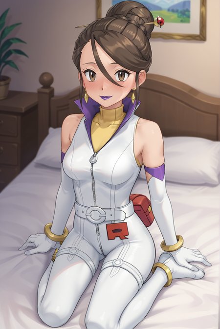 score_9, score_8_up, score_7_up, score_6_up, score_5_up, score_4_up, BREAK, 1girl, solo,
<lora:SierraXL-v1-07:0.7>, ChopioSierra, brown hair, single hair bun, hair stick, brown eyes, purple lipstick, earrings, looking at viewer,
medium breasts,
outfit_1, white bodysuit, high collar, zipper, yellow undershirt, elbow gloves, white belt, bracelet, thigh strap,
bedroom, on bed, on knees, seductive smile, blush, parted lips, 
<lora:Style_Pokemon1:0.8>, pks, pokemon, pokemon \(anime\), pokemon \(classic anime\), anime screencap,