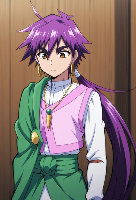 masterpiece,best quality,amazing quality, source_anime, 
Shindobaddo, 1boy, male focus, solo, brown eyes, purple hair, long hair, ponytail, hoop earrings, jewelry, necklace under clothes, shirt, white shirt, long sleeves, vest, pink vest, cape, green cape, sash, green sash,