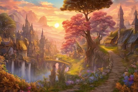 landsknecht, paper-cut, fairy tale, delicate scene, rime, crystal flower, landknt, with a hat, with armor, beard, long hair, mustache, FanLan, An expansive, beautifully illustrated medieval fantasy city viewed from a hilltop in the distance, surrounded by lush, dense forests. Majestic stone gates stand at the entrance, with wagons and travelers arriving along winding dirt roads. The city is full of intricate, towering buildings with pointed roofs and castles rising above the skyline, all bathed in warm, golden sunlight. Flags flutter in the breeze, and you can see market stalls near the gates. The forest trees are rich in detail, with leaves swaying in the wind. The artwork is highly detailed, vibrant, and full of life, creating an enchanting, immersive scene,