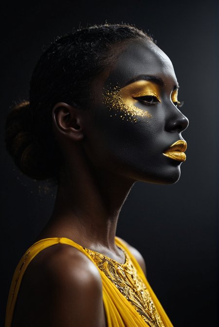 (film grain),ultrarealistic 4k,photoart_style,(yellow and black, vivid, minimalist, beautiful black face, golden make-up,side view profile),realistic, Wide angle lens, high contrast, dark black tone,Cinematic Lighting, movie-level texture, hand-painted details, epic, meticulous,perfect composition, dynamic play of light, rich colors, epic shot, perfectly quality, natural textures,high detail, photoshadow, (natural colors, correct white balance, color correction, dehaze),(intricate detailed)