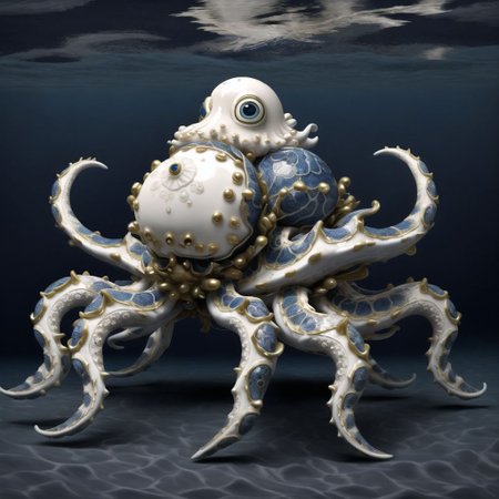 <lora:porcelain_gzhel:1.0>,  (porcelain, Gzhel, rococo:1.0), Octopus - A slimy, eight-legged sea creature with a bulbous head and large, unblinking eyes.