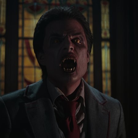 Horror-themed,  <lora:Fright Night 1985 style v2:0.9>
In the 1980's vampire human creature,Jerry,Chris S,38yo,a vampire human creature with yellow vampire teeth, stained window, dusk, Vampire8 a man with a bloody face and a red tie,solo,looking at viewer,short hair,open mouth,shirt,black hair,red eyes,1boy,jacket,upper body,male focus,open clothes,teeth,collared shirt,black jacket,parody,red shirt , horror themed, dark themed, low key light, dramatic light, dramatic shadow light, contrast, cinematic color, cinematic look, filmic, realistic, realism, perfection, perfect, Kodak, Kodak film, movie still, Fright Night 1985 style, Fright Night Film style, Eerie, unsettling, dark, spooky, suspenseful, grim, highly detailed