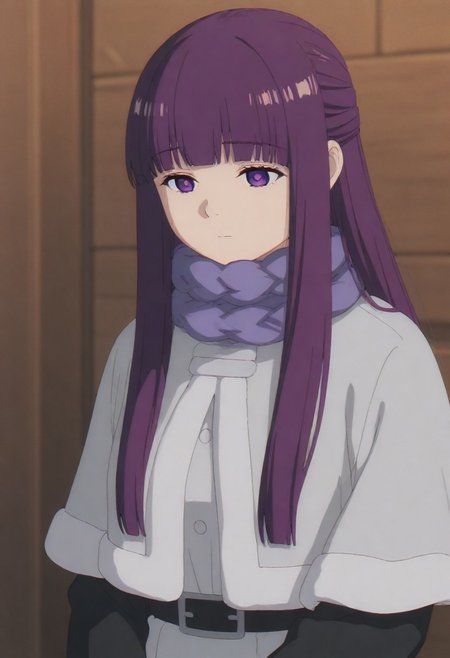 masterpiece, best quality, amazing quality,,, shiny skin,,,,,,, <lora:Fern:1> f3rn, fern (sousou no frieren), long hair, purple hair, blunt bangs, sidelocks, straight hair, purple eyes,, capelet, white capelet,white dress, black coat, purple scarf,