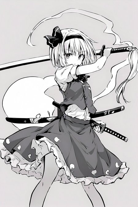 1girl, konpaku youmu, solo, 
TOKIAME, (cierra \(ra-bit\):0.7), (mechari:0.8), (azuuru:0.9), (chen bin:0.5), (\(kedama milk\):0.6), (greyscale:0.5), monochrome, 
short hair, skirt, short sleeves, short sleeves, vest, hair ribbon, hairband, ribbon, konpaku youmu (ghost), 
weapon, sword, katana, sheath, scabbard, holding, holding weapon, dual wielding,
(masterpiece, best quality, absurdres, highres, sensitive, best quality, amazing quality, very aesthetic, absurdres:1.1)