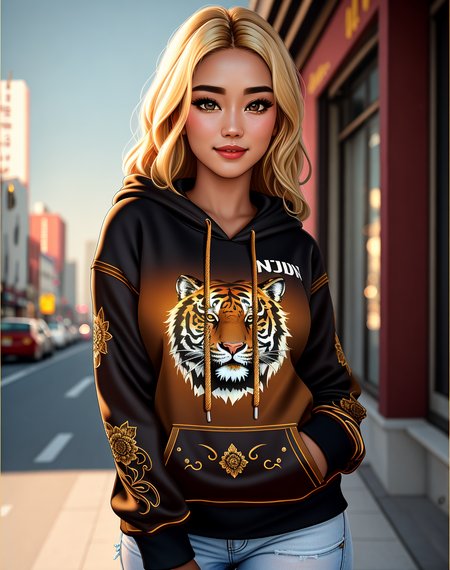 Masterpiece, absurdres,award winning photo, extremely detailed, amazing, fine detail, extremely detailed eyes and face, by lee jeffries nikon d850 film stock photograph 4 kodak portra 400 camera f1.6 lens rich colors hyper realistic lifelike texture dramatic lighting unrealengine trending on artstation cinestill 800 tungsten, beautiful blonde woman , slim, tiny waist, smiling, excited

<lora:HoodiesLoRA:0.675>,hoodie, a woman posing for a picture ,chinese style, intricate tiger print and embroidery, wearing hoodie,