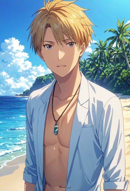 Yamato Ishida, masterpiece, best quality, (1boy), solo, male focus, High definition, Blonde hair, 4K, open shirt, vacation beach, Necklace
