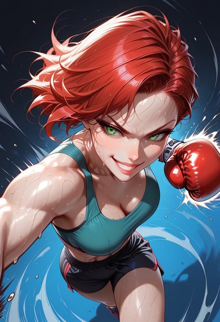 masterpiece, best quality, 32k, high resolution, absurdres,Jednvvd, vivid colors, geometric fragments, abstract patterns, 1girl, Jane, JaneRH, short red hair, swept hair, fit, medium breasts, green eyes, beautiful lips, little freckles, toned, dynamic pose, aesthetic, dynamic pose, kick boxing, sports bra, shorts, boxing gloves, punching, sweaty, badass expression, face closeup, focus on face, high angle view, grin