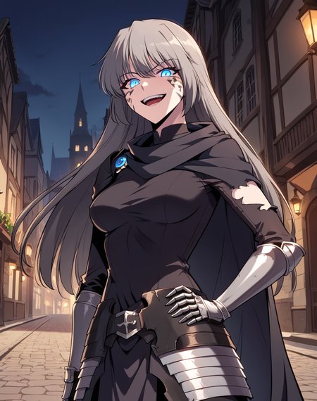 dark_teresa, grey hair, long hair, blue eyes,breasts, , torn cape, facial mark, dark knight, gauntlets, faulds, black cape, glowing eyes BREAK  outdoors, city street, medieval, night  BREAK looking at viewer, sexy face, sexy smile, open mouth, cowboy shot, hand on hips, evil face, evil smile BREAK score_9, score_8_up, score_7_up, source_anime ,zPDXL, <lora:Teresa_du_Laurentia:0.8>