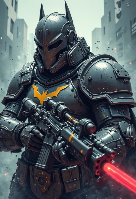 CloseUp, Upper Body Shot, Retro anime Pop art FredFraiStyle inspired batman with laser rifle Standing Battle ready with powerful weapon, vibrant pastel colored in Grey, White and DARK yellow, Highly detailed anime-style close-up action scene of a knight in intricately patterned armor. The focus is on the Troopers rifle, showcasing the reddish blur of light that trails with the swift motion of the weapon, capturing the dynamic speed of the fighter. The scene is set in a misty, fog-filled night with a desaturated color palette. The background is hazy, while motion streaks and dynamic lighting enhance the sense of speed and intensity, with the knight’s glow piercing through the mist.