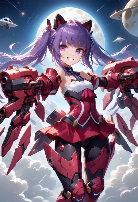 solo, score_9, score_8_up, score_7_up, source_anime, masterpiece, best quality, 1girl, icjayk, purple hair, twintails, blunt bangs, purple eyes, flat chest, small breasts,mecha musume, red armor,  gauntlets,  armored boots, red leotard, detached collar,  purple leotard, red gloves,  elbow gloves, red skirt, microskirt, fake animal ears, bare shoulders, black pantyhose, cameltoe, flying through space, space, galaxy, moon in background, dual pistols, aiming pistol against the camera, mecha musume, smile with teeth, naughty smile, covered nipples,