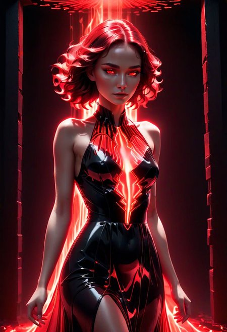a woman in a black dress with red light on her face, glowing red, red and cinematic lighting, red glowing skin, red glow, cinematic red lighting, darkness aura red light, 3 d neon art of a womens body, red neon, red on black, detailed red lighting, with glowing red eyes, red lighting, dark glowing red aura