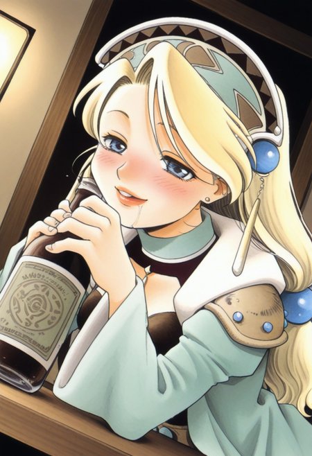 masterpiece, best quality, amazing quality, highres, absurdres, very aesthetic, high resolution, ultra detailed, perfect details, 1990s \(style\), official style, detailed eyes, anime coloring, anime screenshot, indoors, fantasy, BREAK  
upper body, dutch angle, dynamic angle, 
1girl, solo, marlone1997, blonde hair, low-tied long hair, tri tails, asymmetrical bangs, hair ornament, headdress,  jewelry, earrings, blue eyes, lips, green coat, open coat, wide sleeves, long sleeves, drunken, smile, blush, half-closed eyes, saliva, Fall face down on a desk, holding winebottle,
