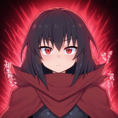 mana_sk style, portrait, focus on face, a stoic dark knight girl with short, choppy black hair and crimson-red eyes, wearing a spiked black pauldron and a tattered cape, her expression stern and resolute, faint red energy emanating from her armor, the shadows of a ruined castle in the background, Japanese RPG style, dark and commanding atmosphere, intricate details on her pauldron and the energy effects