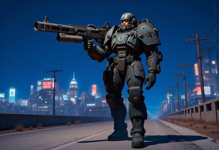1man, A heavily armored warrior in futuristic black power armor stands confidently, wielding a massive gatling gun. The armor is bulky, with reinforced plating, large shoulder pads, and complex mechanical joints. The helmet has a slit like visor and built from multiple triangular metallic elements, giving the character a rugged, battle-hardened look. The gatling gun features a drum magazine, with visible wiring and mechanical components, emphasizing its powerful nature. The character exudes strength and resilience, with an imposing and intimidating stance, full shot, full body visible, ultra realistic, masterpiece, he walks in a deserted road, distant cyberpunk metropolis, night time, neon light lights the sky. Handheld M134 Minigun