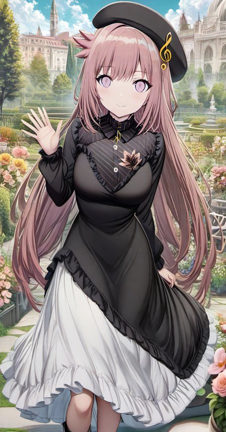 torino aqua,priscadys,mainoutfit,1girl, solo,((cowboy shot)),pink hair, ((pink eyes)), long hair, breasts,, bangs, medium breasts, very long hair, closed mouth, <loractl:priscadys_v1_33:.8,0@.6> , hair flaps, breasts,looking at viewer, blush,smile,black headwear, beret,treble clef, dress,long sleeves,black sleeves,shirt,black shirt,((black_dress)) ,long_dress,striped,musical note, frills,frilled dress, skirt,white_skirt,outdoors,garden, flower,trees,blue sky, clouds,day,((lower body)), waving, hand up, feet out of frame, large breasts, black footwear, long skirt,  <lora:torino-XL-v2-ep20:1>