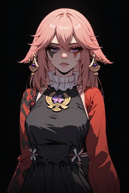 score_9, score_8_up, score_7_up, 
<lora:Muff_PDXL-000000:1>, 1girl, split-color hair, half red half black color hair, two colors rhombic makeup, solo, 
yae miko, ÐÐ°Ñ, 1girl, neck ruff, ruffled collar, two colors argyle sleeve, red sleeve, black romper, 
cowboy shot, adult girl, 21 y.o., teen, <lora:Sinozick_Style_XL_Pony:1> sinozick style, dark theme, flat color, black background,