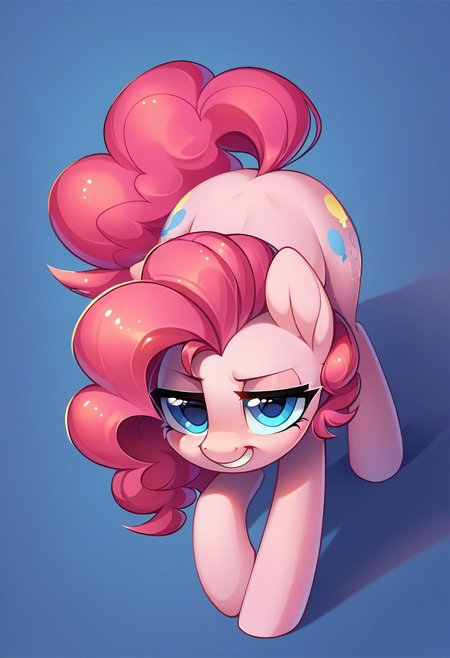 score_9, score_8, score_7, source_pony, pinkie pie, half-closed eyes, cutie mark, full body, closed mouth, teeth, bent over