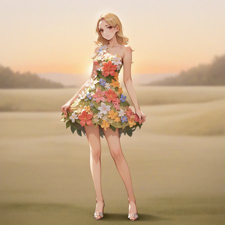 score_9. score_8_up, score_7_up, score_6_up, score_5_up, score_4_up, source_anime, woman, fl0r4l_1, flower dress, stiletto high heels, blonde hair, <lora:Floral_dress_pony_9:0.65>, open field, sunset, anime, chiffon