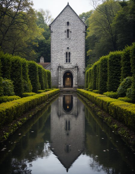 A tranquil scene of a tall, narrow tower with light gray stone walls and a steep, shingled roof. The structure has symmetrical windows, including an oval-shaped window near the top and traditional shutters framing a lower window. At the base of the tower is a large arched doorway that opens up to reveal a distant landscape. The building is perfectly reflected in a long, still pond that stretches in front of it, flanked by lush, manicured green hedges on both sides. The symmetry of the scene is emphasized by the clean, geometric lines of the hedges and the waterâs mirror-like surface. The background is filled with dense trees, adding a sense of peaceful isolation. The atmosphere is serene and calm, with soft, diffused daylight illuminating the garden, and the stillness of the water enhancing the reflective quality of the architecture. aidmaHyperrealism <lora:aidmaHyperrealismv0.3:0.8>  <lora:Sinfully_Stylish_.02_for_FLUX:0.6> in the style of Jed-clrfl <lora:flux-colourful:0.4>  <lora:FluxDFaeTasticDetails:0.8>