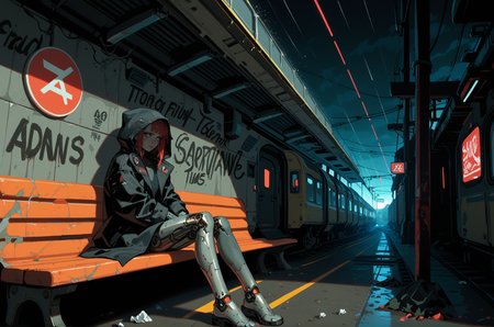 score_9, score_8_up, score_7_up, BREAK 1girl, (cyberpunk:1.2), sitting on bench, mechanical legs,
train station, train tracks, (neon sign:1.1), raining, night, dim lighting, trash, graffiti, (futuristic:1.2)
black trench coat, black hood, (depressed, sad:1.1) sidewalk
flying drones,   <lora:Sinozick:0.8> Sinozick, dark aesthetic, red aesthetic,