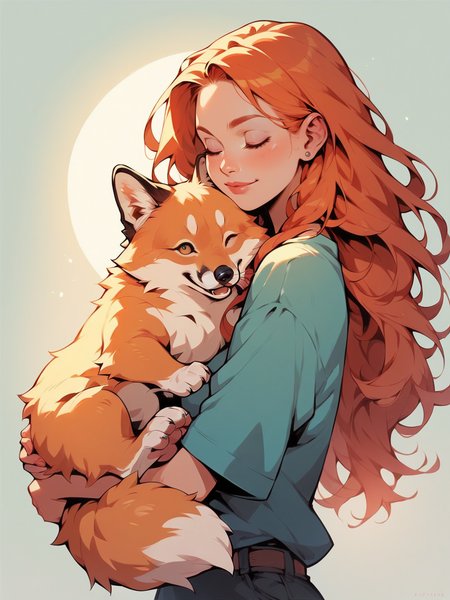 score_9, score_8_up, score_7_up, score_6_up,  <lora:p3tl0v3XLP:1> p3tl0v3, 1girl, hugging fox, long hair, ginger,