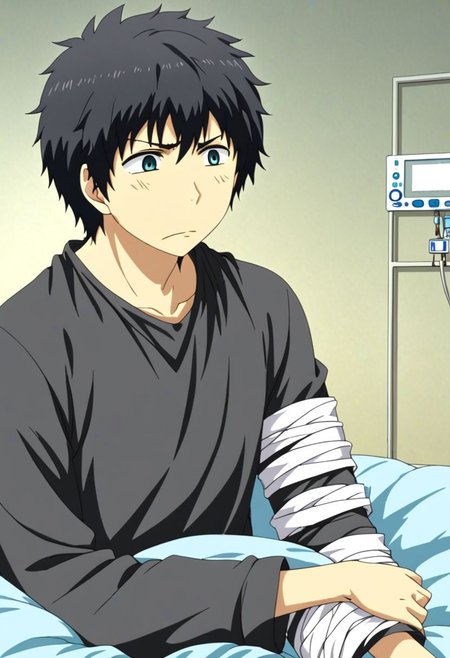high resolution, solo, best quality, 1Boy, Arata Kaizaki, Black Hair, sick, bandage, helpless, patient, hospital, infusion, OverallDetail