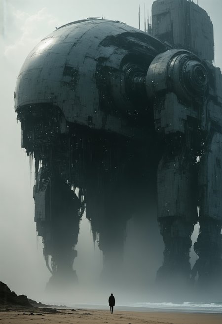 **(Photorealistic, detailed, intricate, hyperreal)**a black and white digital painting depicting a serene, A majestic,3d rendering, Tsutomu Nihei, complex system, equipment with hyper detail, future mechanical society, sci-fi, dystoia, super complex and giant structures backdrop, gloomy futuristic environment, fog, dramatic lighting, Unreal engine 5, RTX shader, detail texture, cyber screen, rustic, realism ambience --ar 9:16 --style raw --stylize 700, surrounding illumination, The overall mood should be one of oppressive dread and unsettling curiosity. 
photorealistic, professional studio lighting, extreme photorealism, epic insanely beautiful, on the beach, (ultra-wide angle:1.3), pale skin, shadow, underexposed, faded, blurry, motion blur, ((grainy)),nicolas delort, light silver and turquoise Fujifilm X-T4, Sony FE 85mm f/1. 4 GM --ar 51:91 --style raw --s 750 --v 5. 1