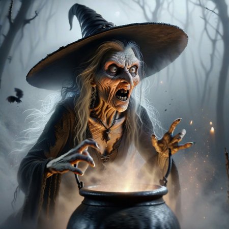 A witch in the middle of spooky woods at a bubbling cauldron, caught with a surprised expression with a rat in her hand she is preparing to toss into the cauldron, shrouded in fog,  sharp claws, R3dHall0w33n, ral-wtchz