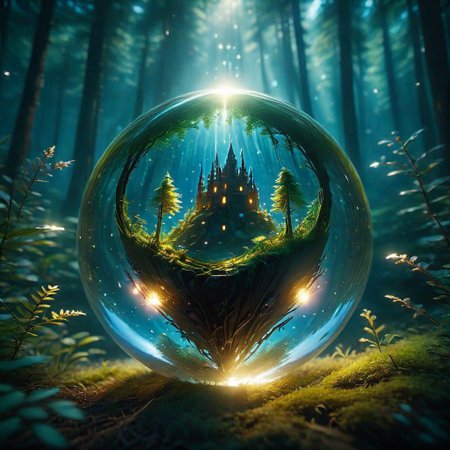 ais-bulbz, fireworks at night over a sunken city inside the bulb, a dark mystical forest ouside the bulb, photorealistic, very detailed, cinematic still, 4k, uhd, masterpiece