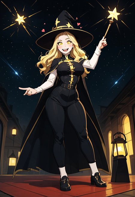 score_9, score_8_up, score_7_up, 1girl, slim petite woman with large chest breasts, teaching the class, standing at wizard school , hand pointing a long glowing wand,
happy, gorgeous face, cute, bounce breast, blushing, perfect eyes,
wearing dark wizard vestments, black body suit, black stilettos shoes, bounce lines, hearts, golden stars, electric bolts, excitement lines,
blonde long wavy hair,
lantern lit night light effects, cast shadows over subject, firelight,
detailed background, detailerlora,
skindentation, SkinDetail, 1nc4s3, Expressiveh, yoga